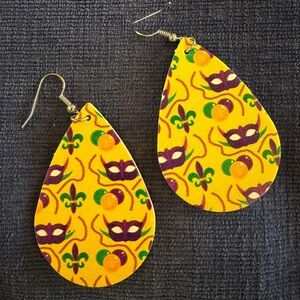 Yellow Teardrop Earrings with Mardi Gras Design